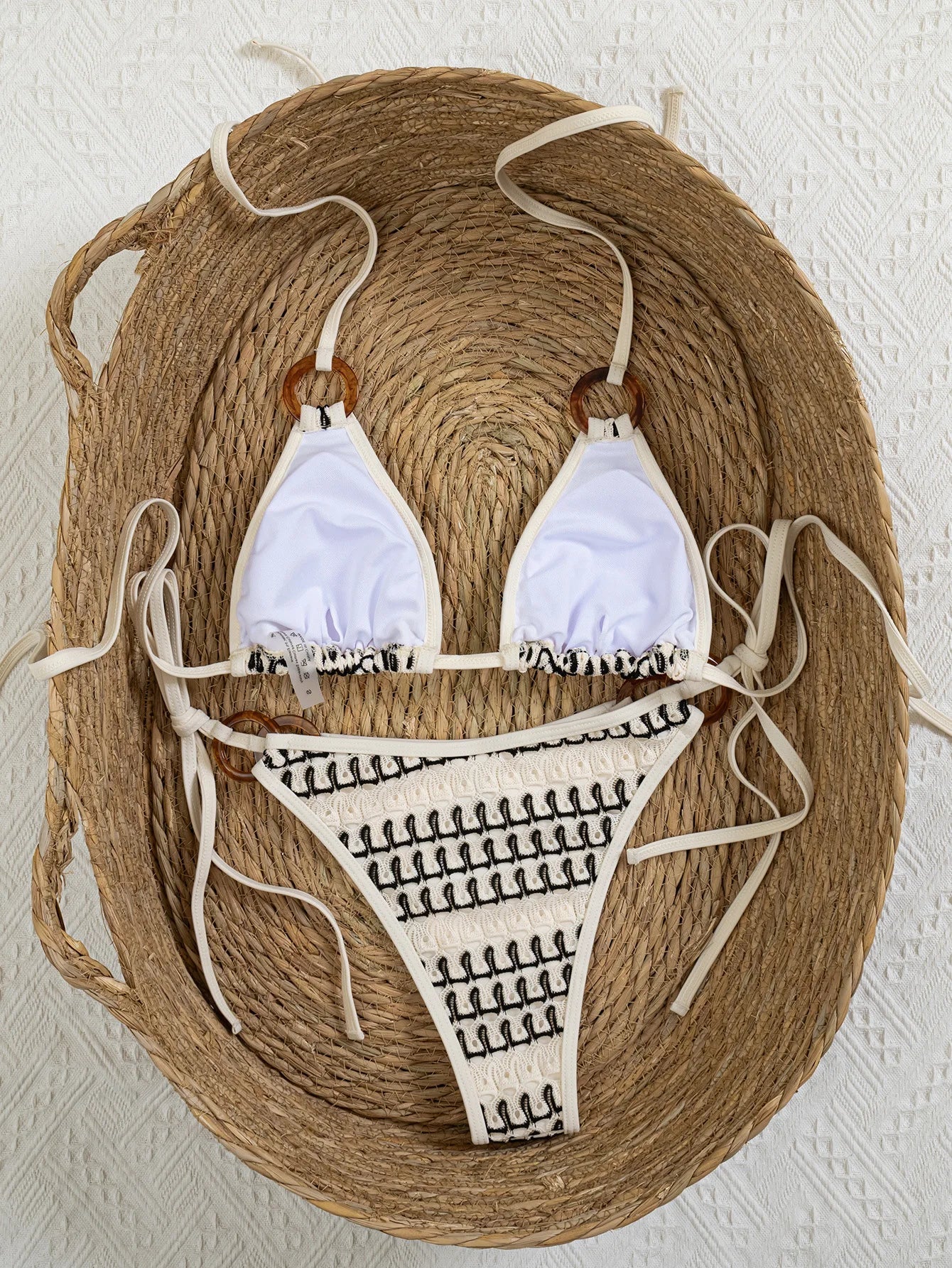 Sexy Beige Knitted Striped Bikini Set