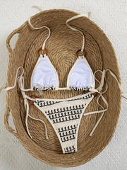Sexy Beige Knitted Striped Bikini Set