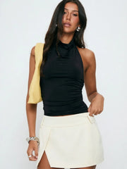 Solid Color Backless Sleeveless Halter Neck Draped Neck Fitted Pleated Crop Top