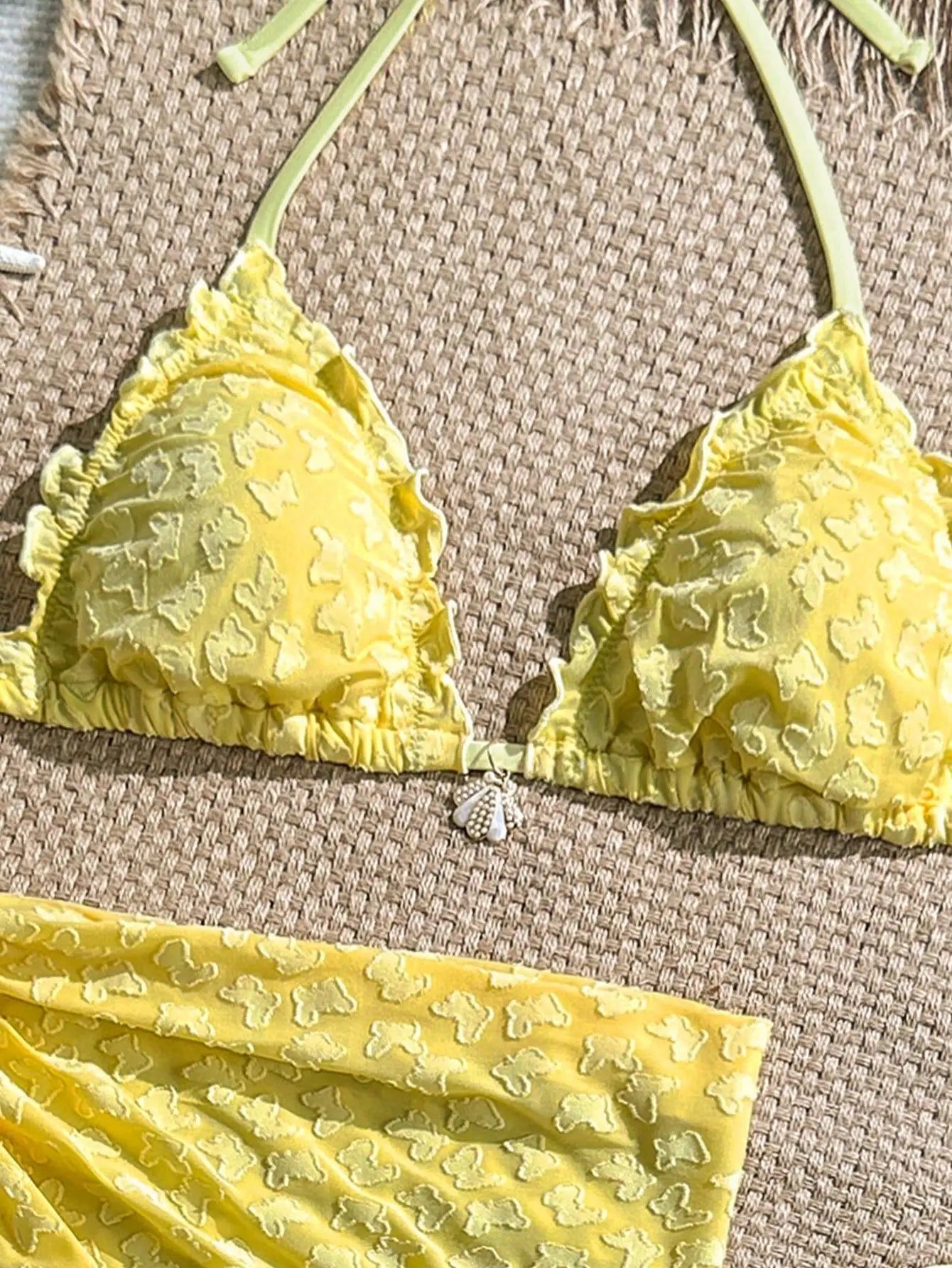 Sexy Yellow Coffee Mesh Skirt 3 Piece Bikini Set