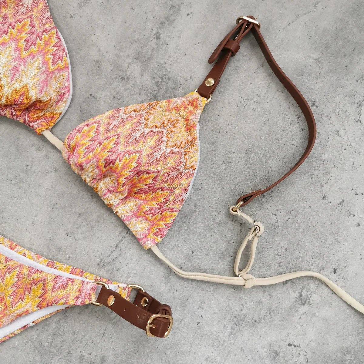 Sexy Orange Leaves Striped Bikini Set