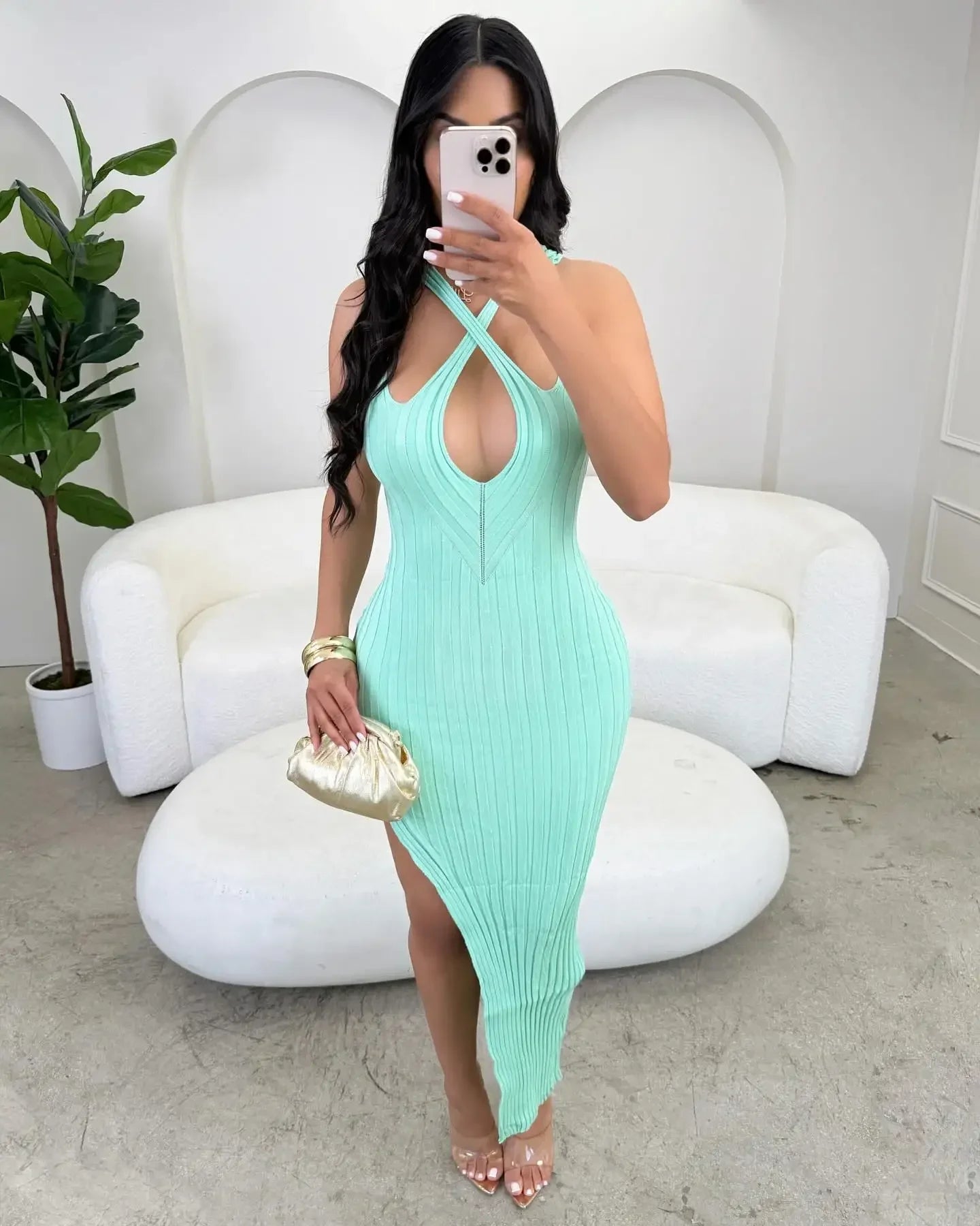 Lady Ribbed Knit Halter Slit Maxi Dress