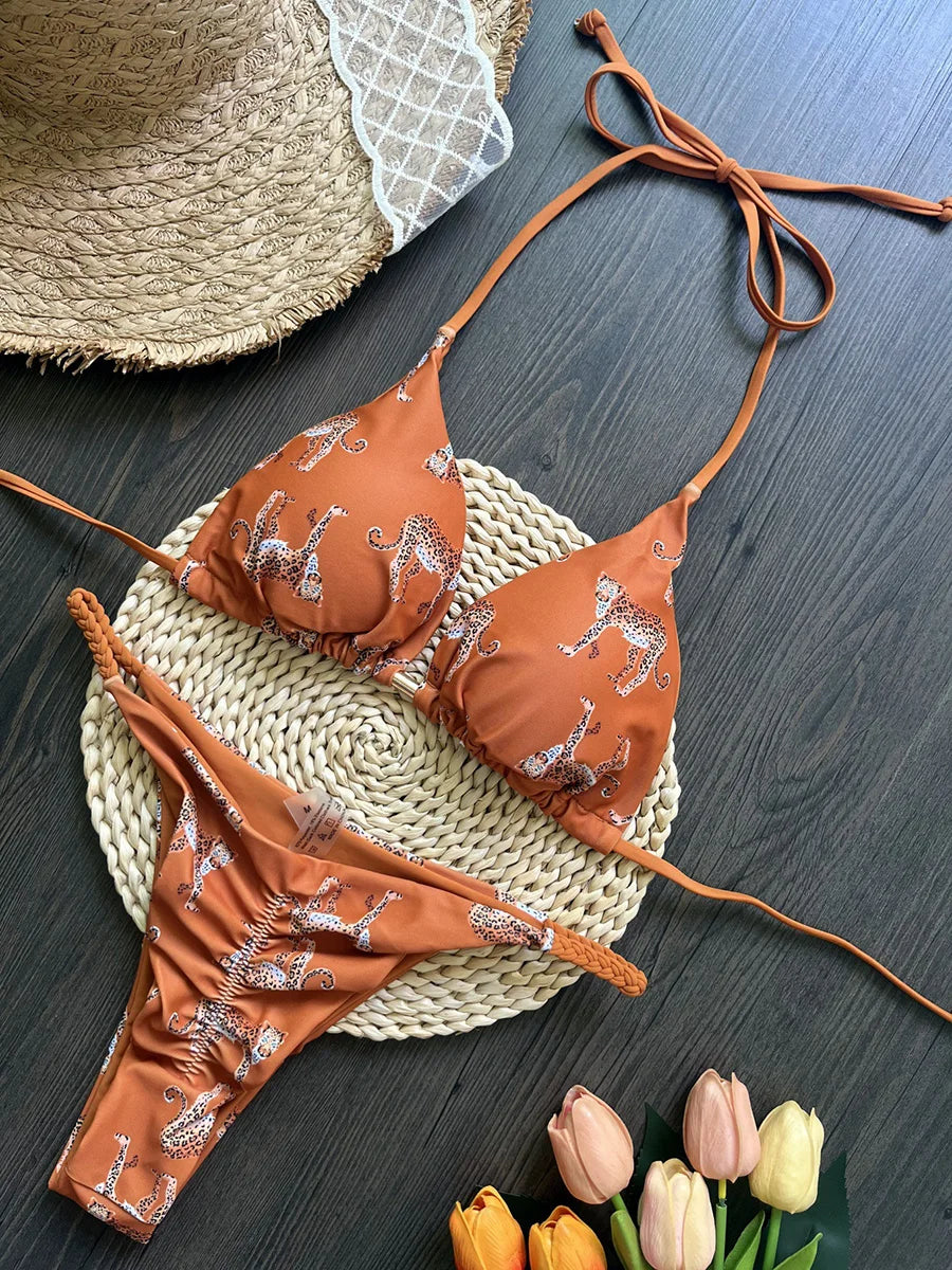 Leopard Halter Scrunch Butt Mini Micro Thong Bikini