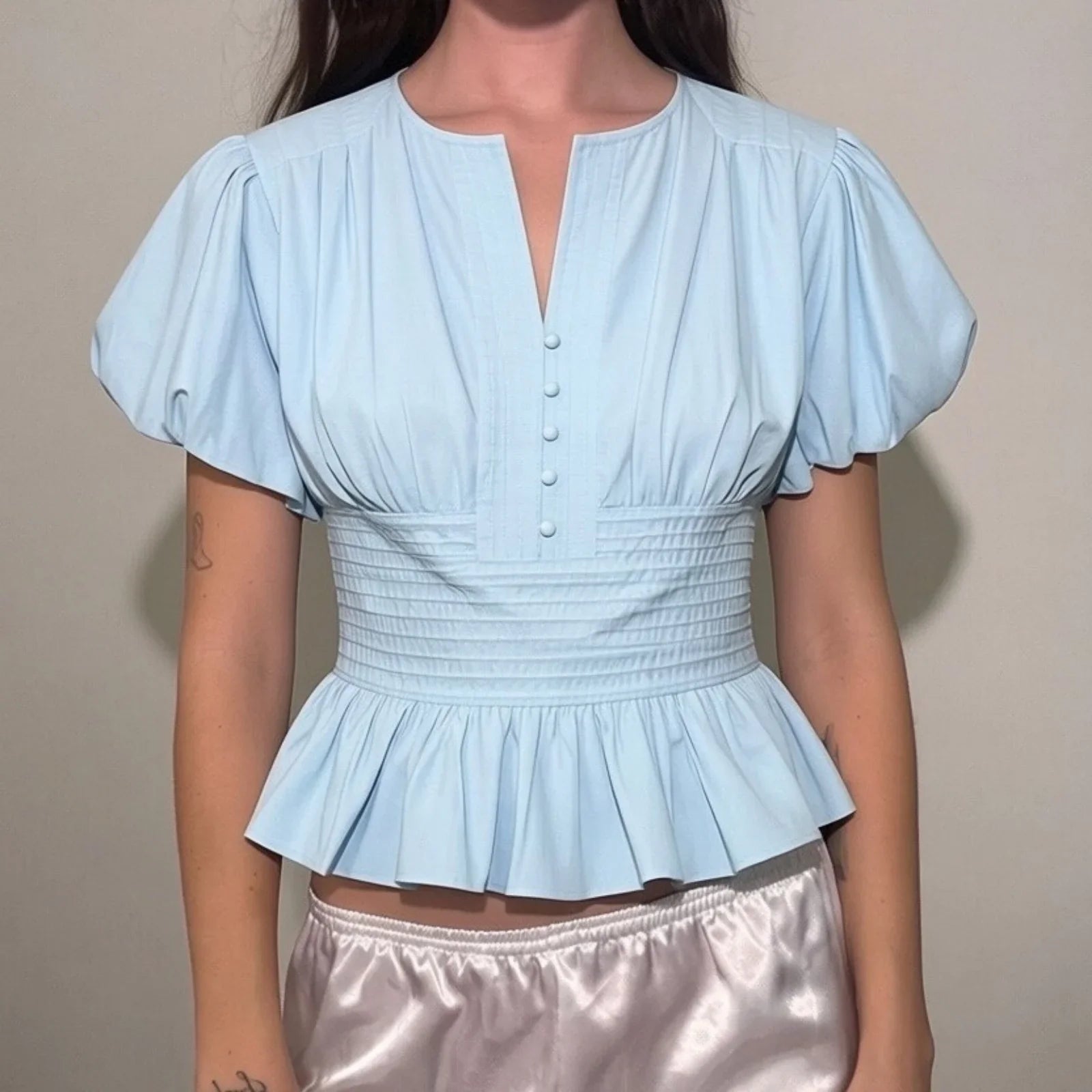 Solid Color Short Bubble Sleeve Smocked Waist Crop Top