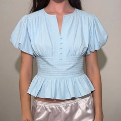 Solid Color Short Bubble Sleeve Smocked Waist Crop Top