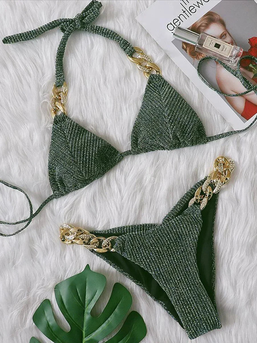 Halter Ribbed Metal Chains Diamond Bikini