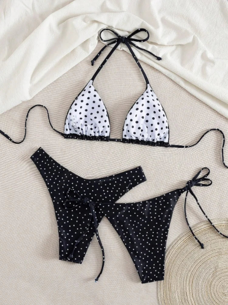 Sexy Black Polka Dot Print 3 Piece Bikini Set