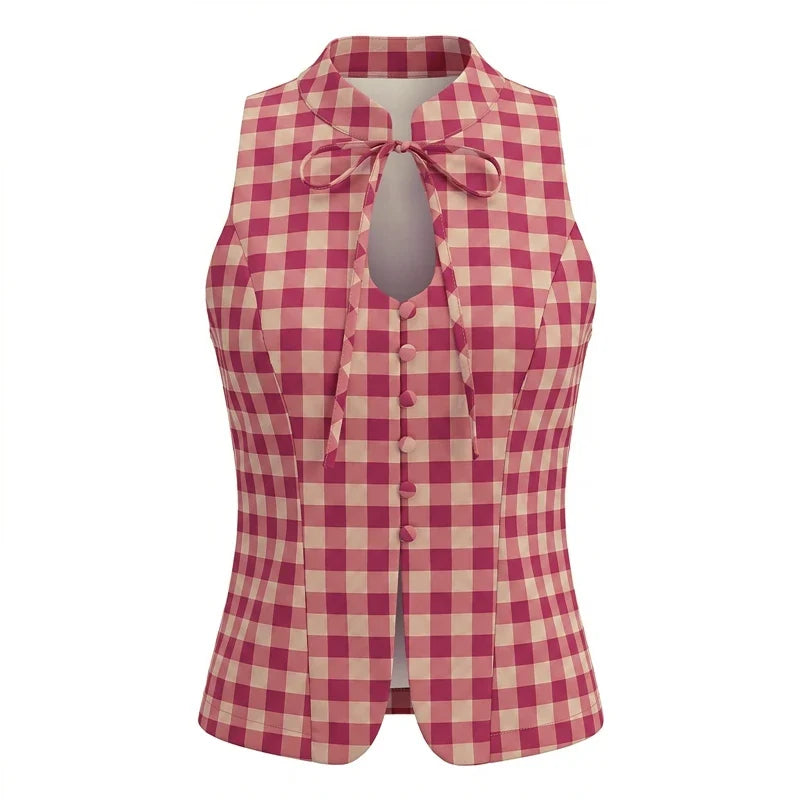 Polka Dot/Plaid Mandarin Collar Sleeveless Crop Top