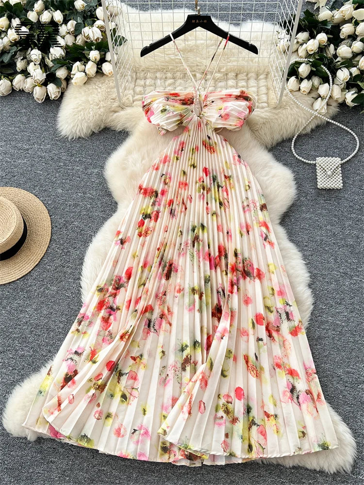 Floral Print Pleated Long Dress