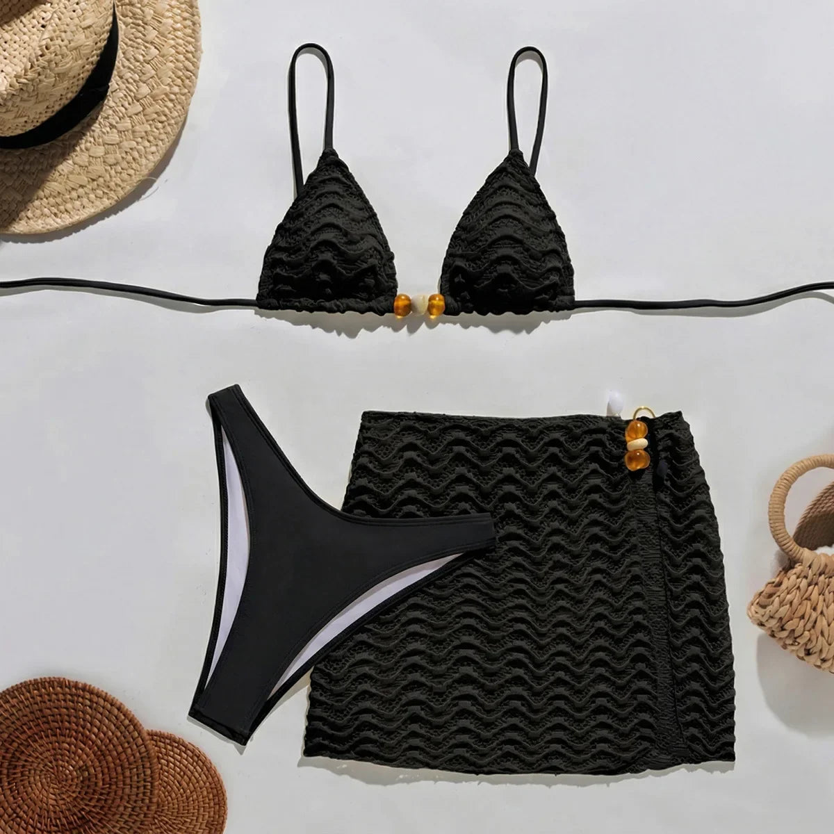 Sexy Coffee Pleate Skirt 3 Piece Swimsuit