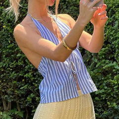 Striped Front Tie Up Halter Neck Cami Sexy Low Cut Backless Crop Tops