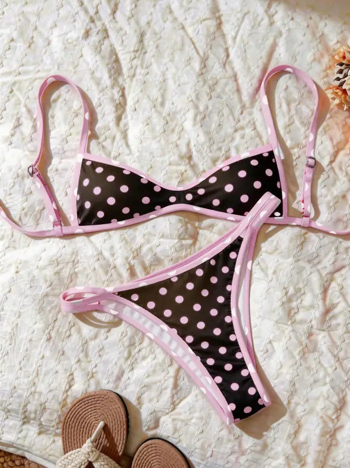Sexy Coffee Polka Print Patchwork Bikini Set