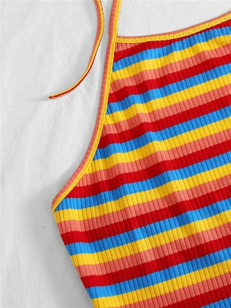 Rainbow Rib-knit Striped Halter Top