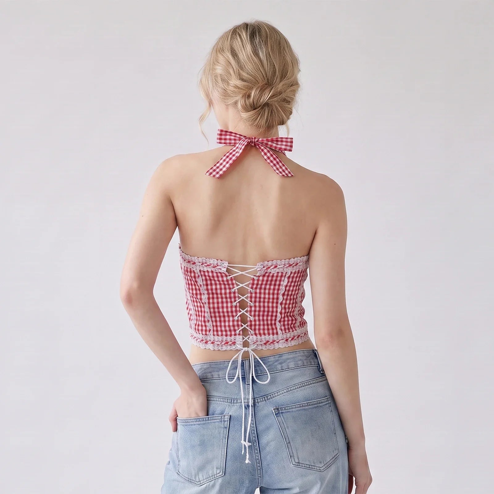 Drawstring Bandage Camisoles Lace Trim Tank Tops