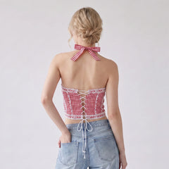 Drawstring Bandage Camisoles Lace Trim Tank Tops