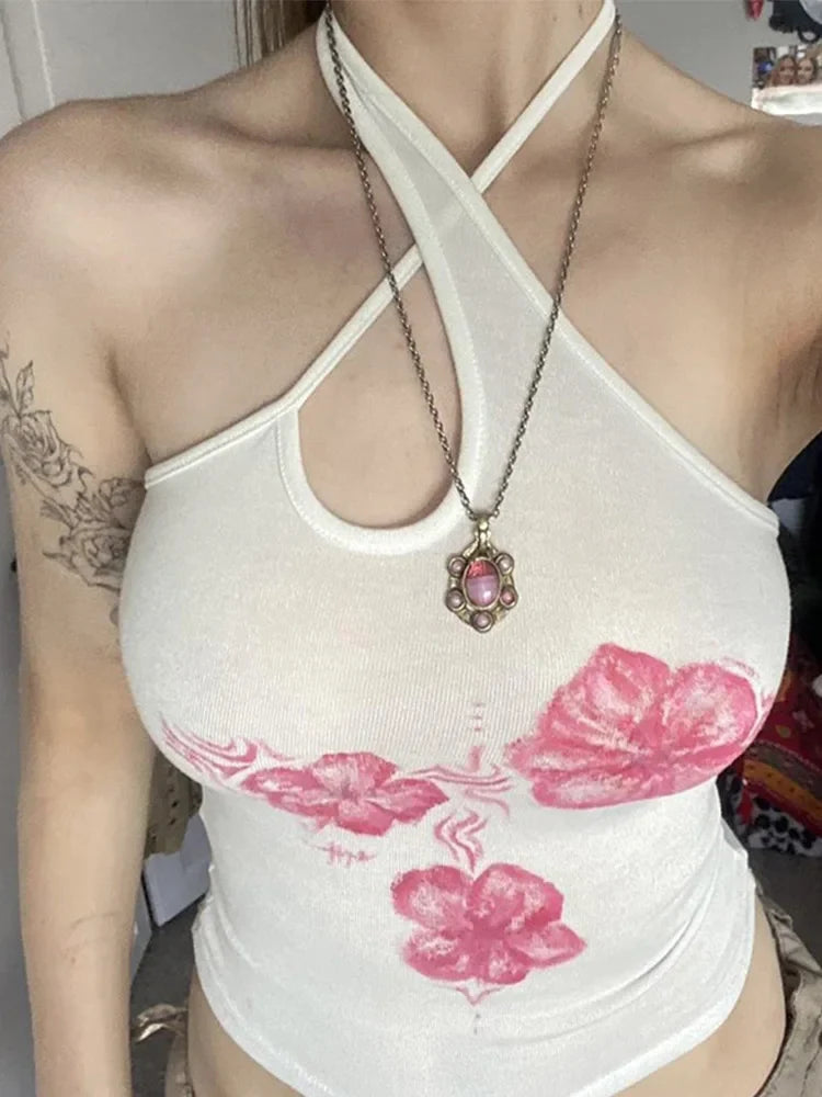 Women's Vintage Y2K Floral Print Halter Crop Top