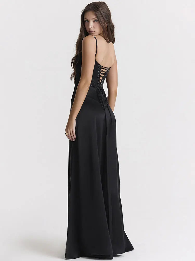Lace-up Black Satin Maxi Dress