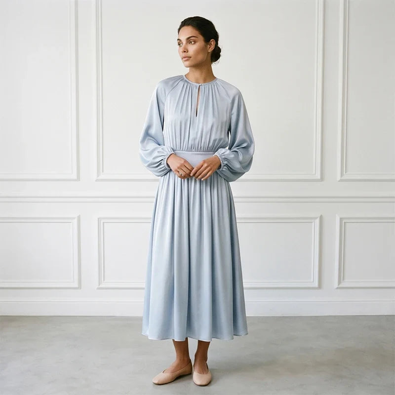 2026Light Blue Satin Midi Dress