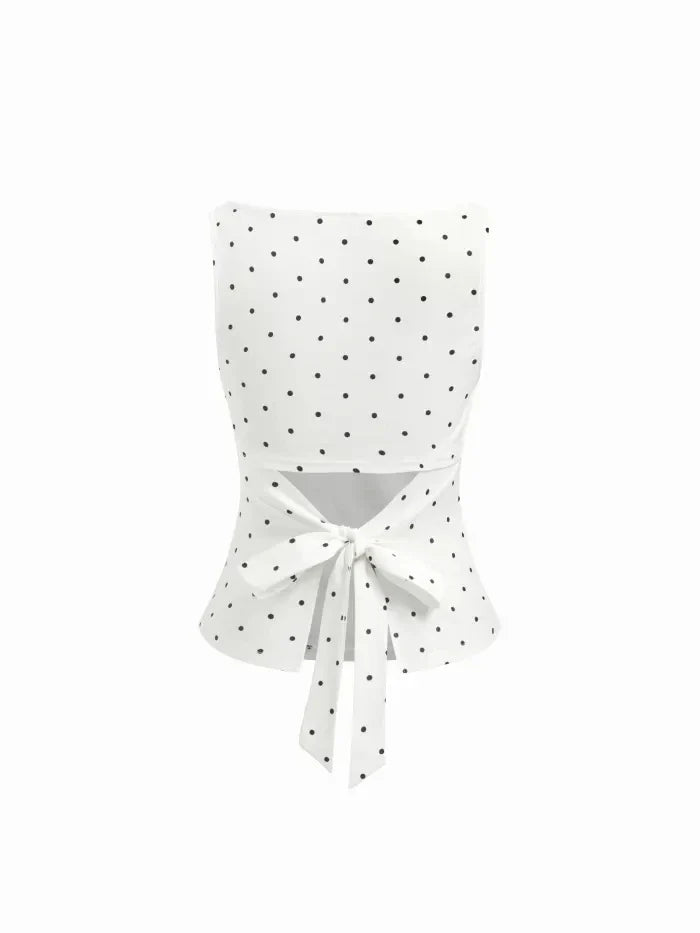 Women's Elegant Polka Dots Slim Fit Pleating Waist Boat Collar Tank Top