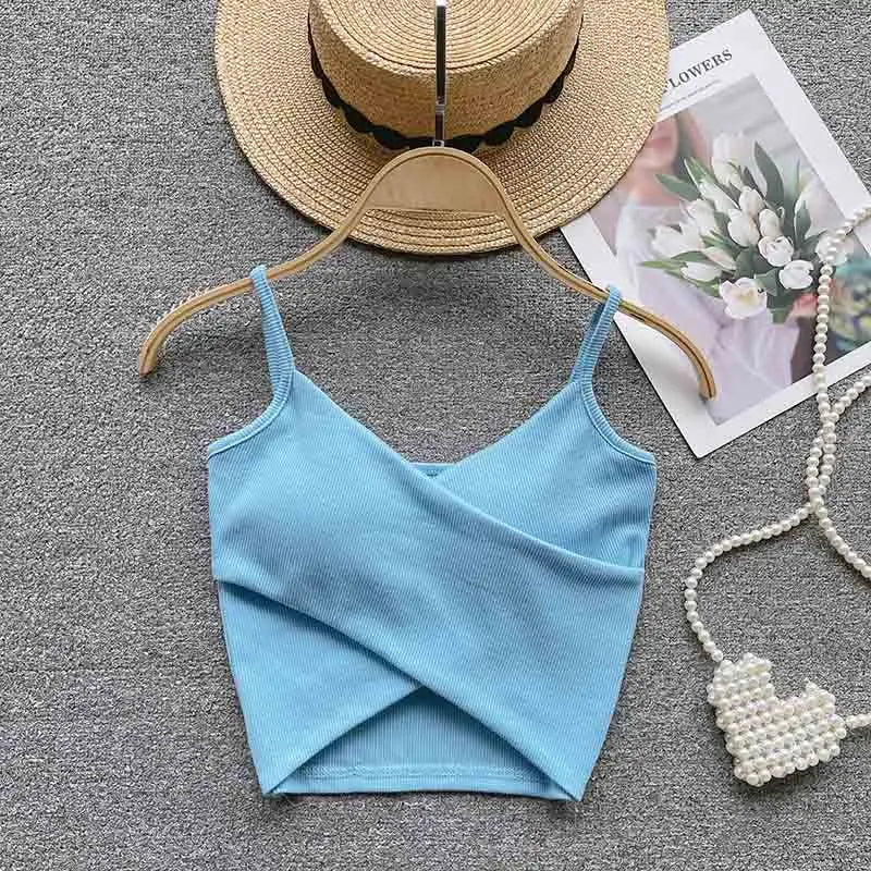 V Neck Spaghetti Strap Camisole Cross Wrap Front Cutout Hem Ribbed Slim Cropped Tank Top