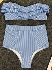 Striped Top Ruffle High Waist Bikini