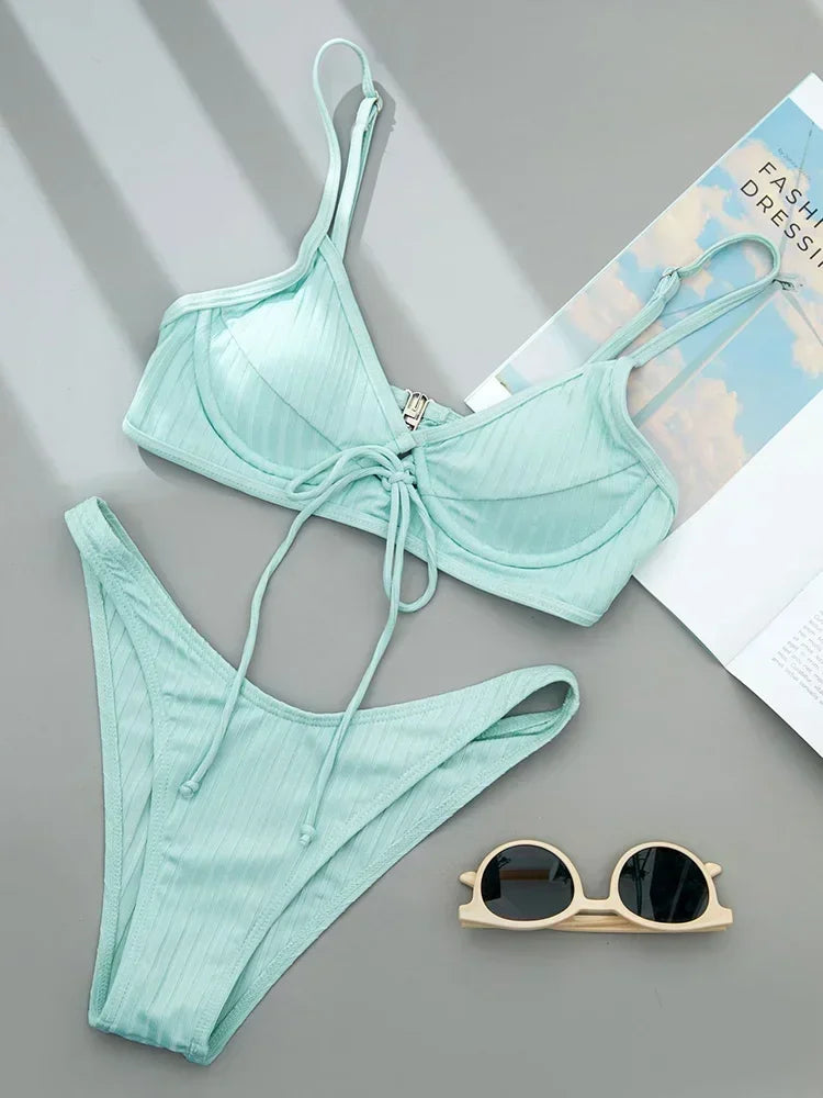 Sexy Ribbed Underwired V-Bar Bikini