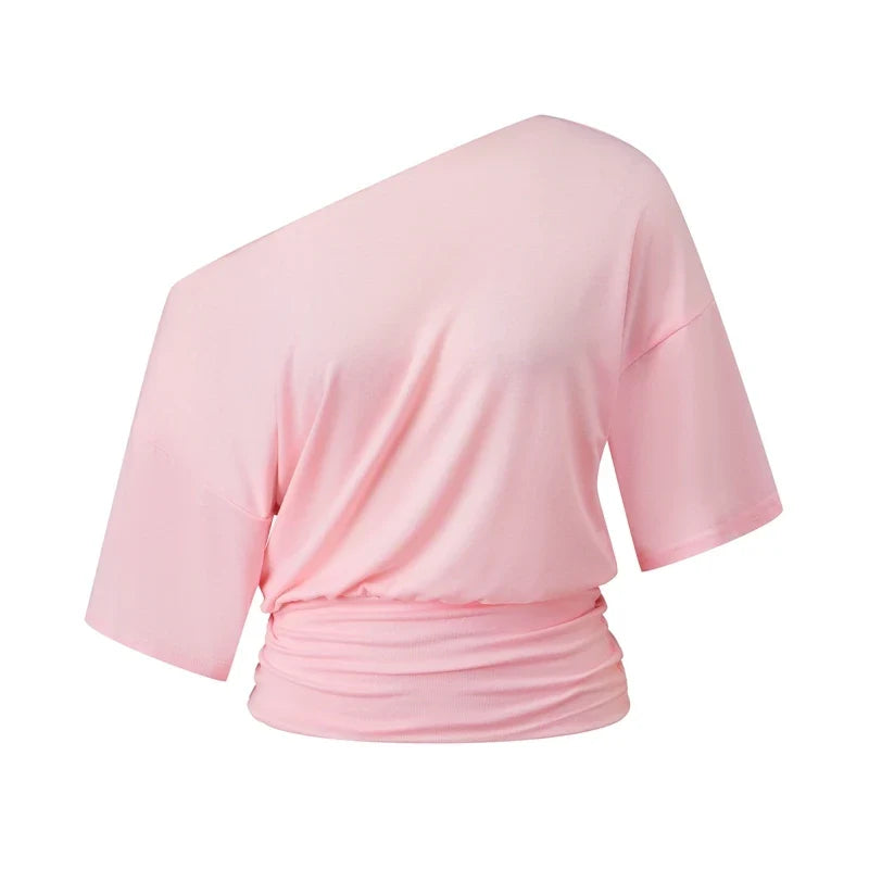 Y2K Off Shoulder Short Sleeve T-Shirt Elegant Ruched Cinched Waist Crop Top