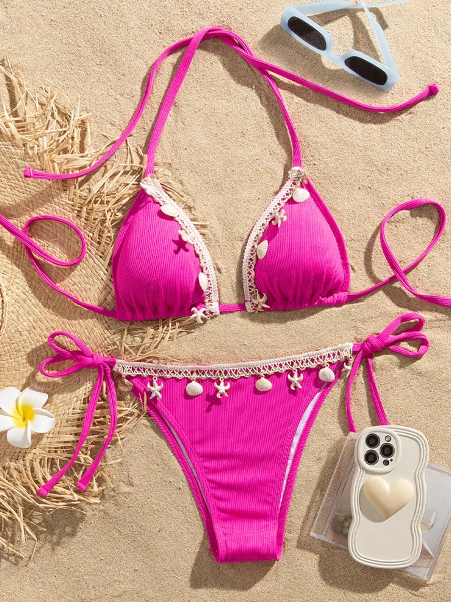 Shell Decoration Halter String Strappy Bikini