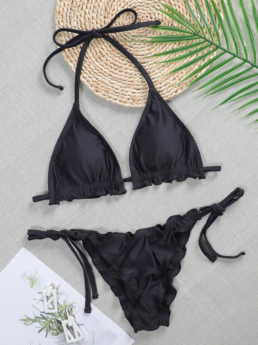 Ribbed Ruffled Frilled Brazilian Bikini