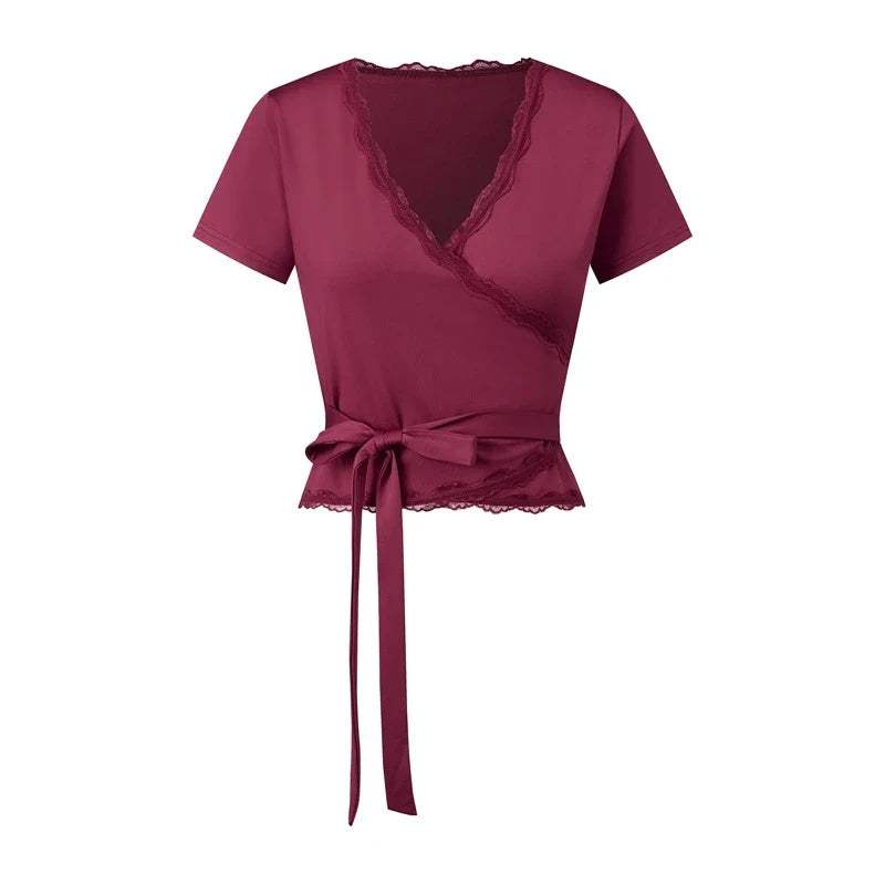 Lace Trim Wrap V Neck T-shirt Short Sleeve Self Tie Waist Slim Cropped Blouse Y2K Coquette Going Out Casual Crop Tops