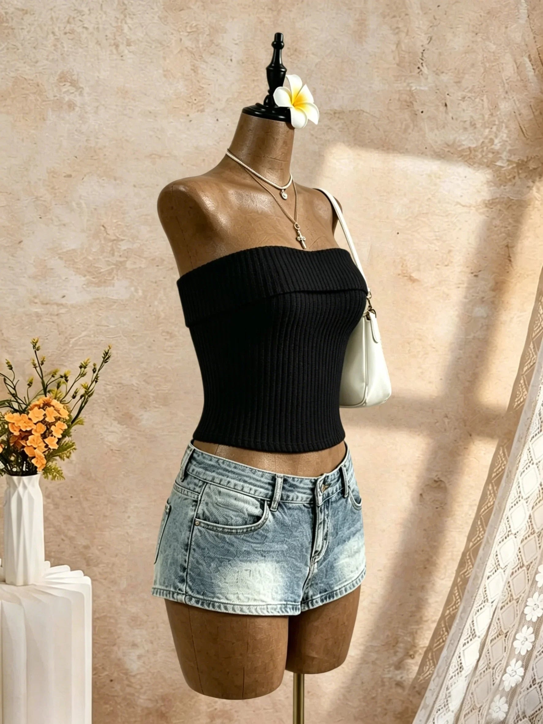 Black Ribbed Knit Strapless Bandeau Top