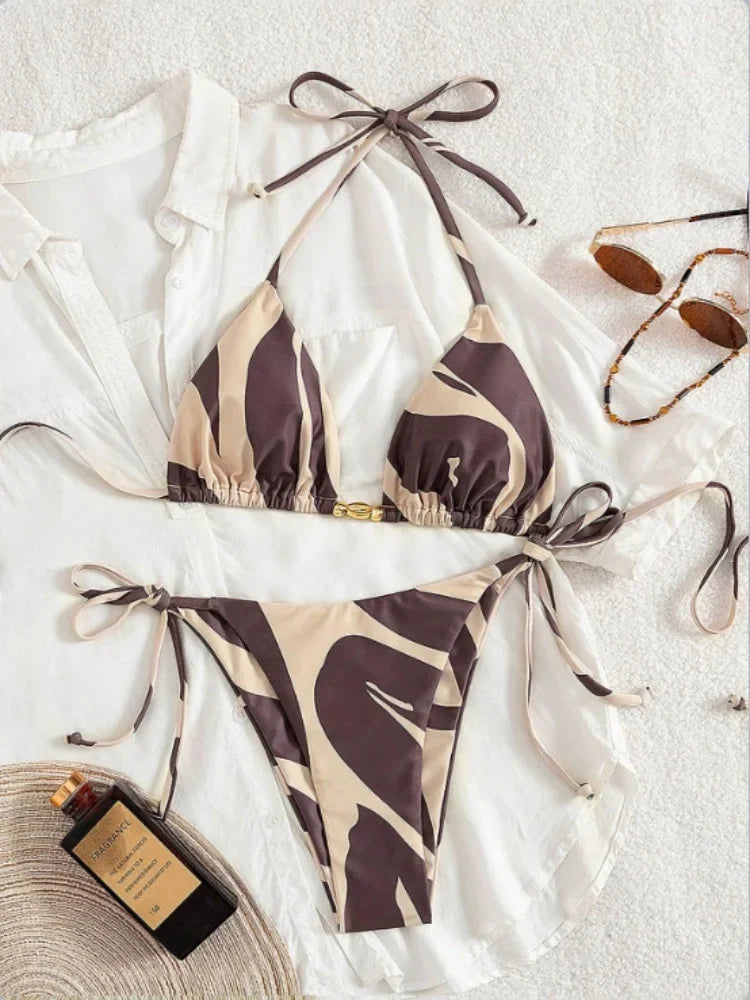 Sexy Coffee Striped Bikini