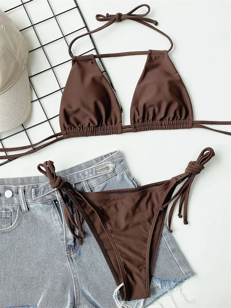 Black Brown Halter Hollow Out Push Up Micro Swimsuit