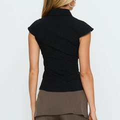 Collared Keyhole Zip Front Blouse Cap Sleeve Fitted Minimalist Office Casual Party Top