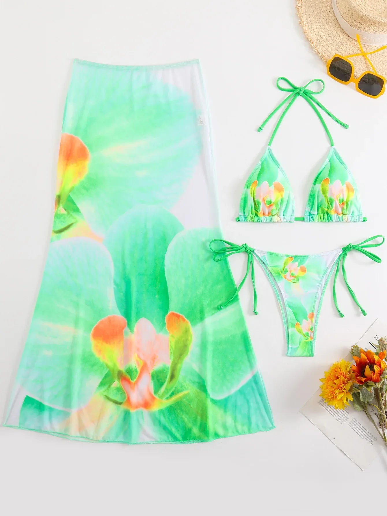 Sexy White Floral Print  Mesh Long Skirt 3 Piece Bikini