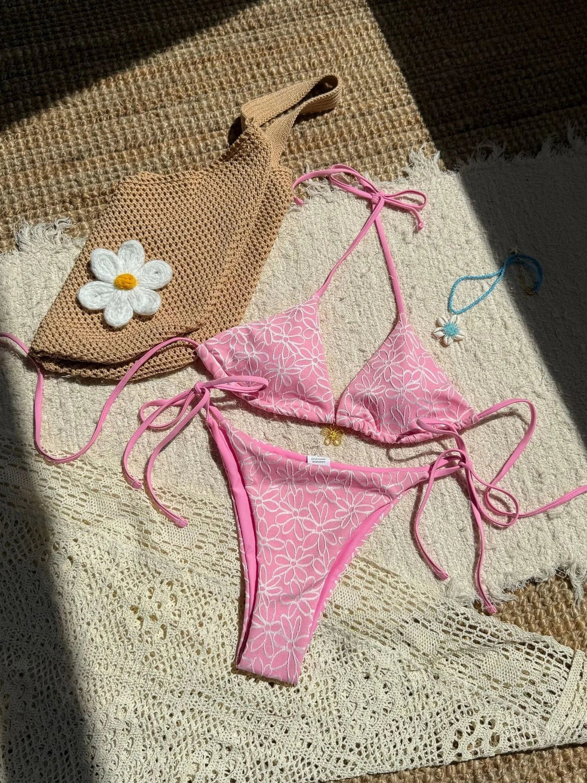 Sexy Pink Mesh Flower Bikini Set