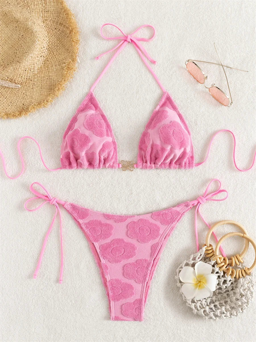 Halter Push Up Bra Tie Side Thong Swimsuit