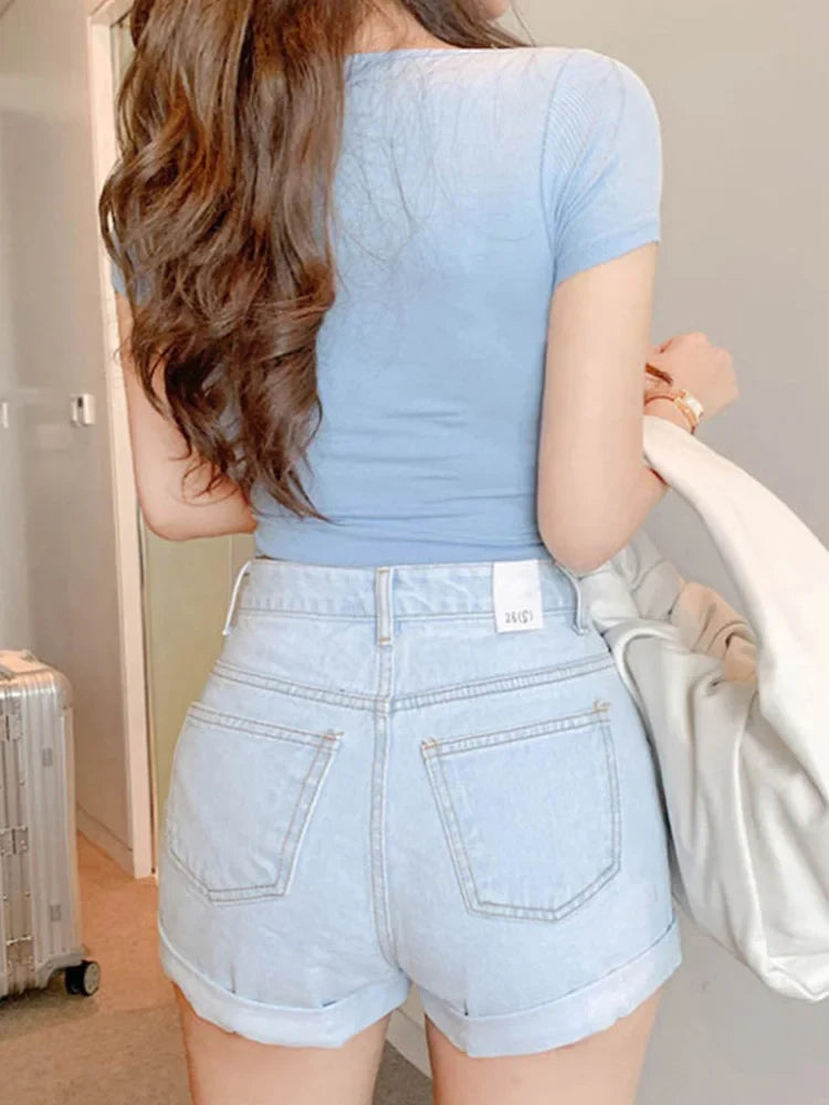 Square Collar Slim Crop Tops