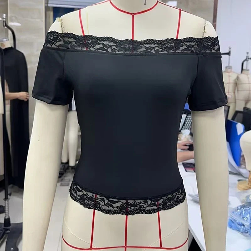 Y2K Coquette Sexy Short Sleeve T-shirt Off Shoulder Lace Trim Crop Top