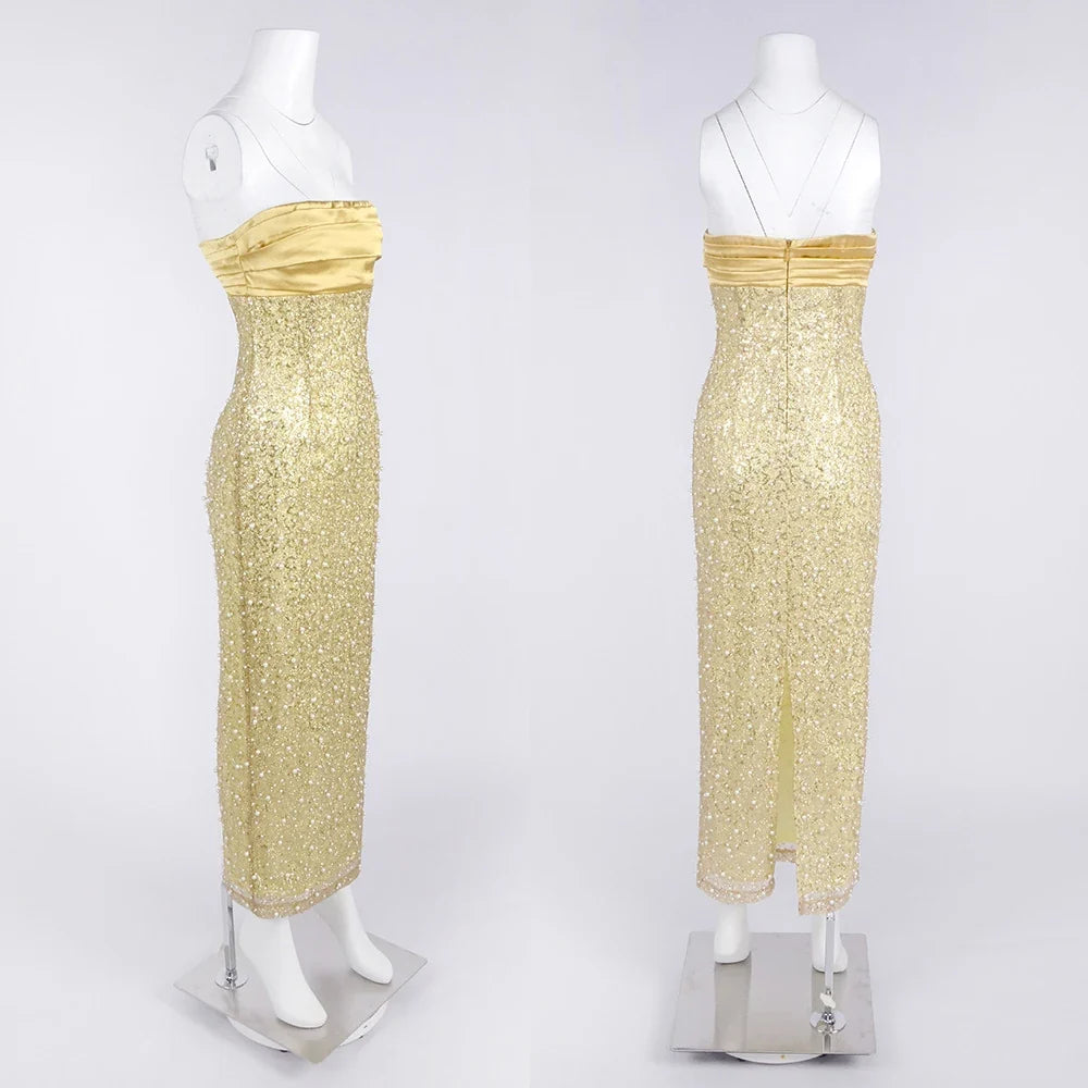 Luxury Strapless Backless Smocked Tiered Slim Fit Pearl Maxi Dress