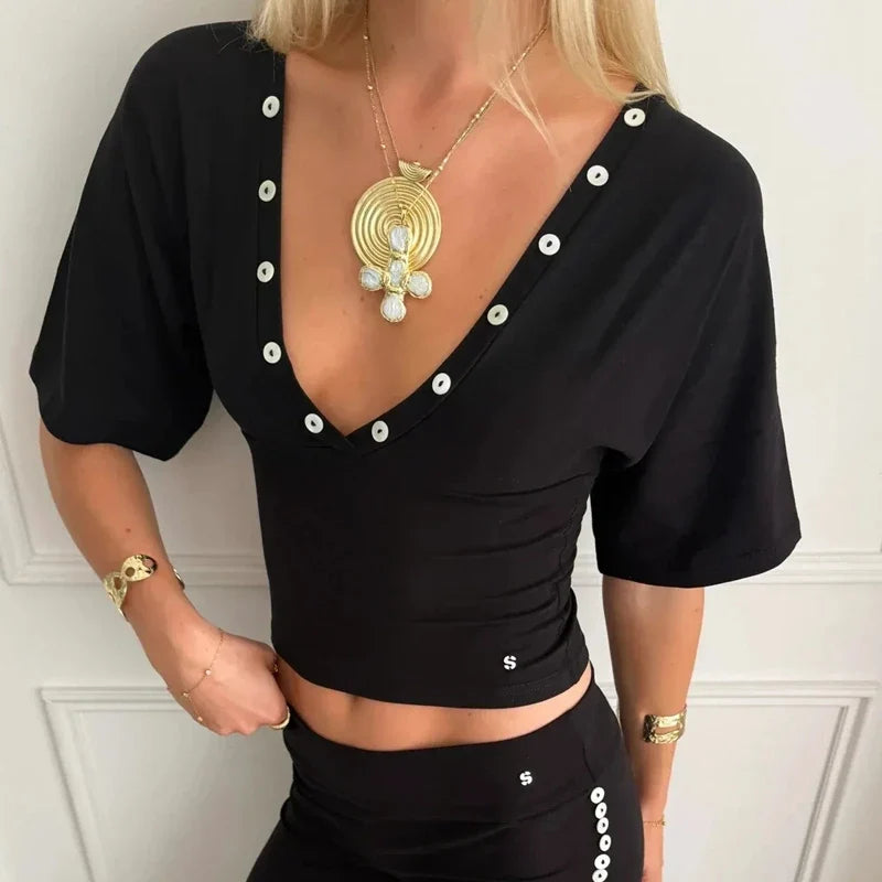 Button Deep V Neck Crop Top