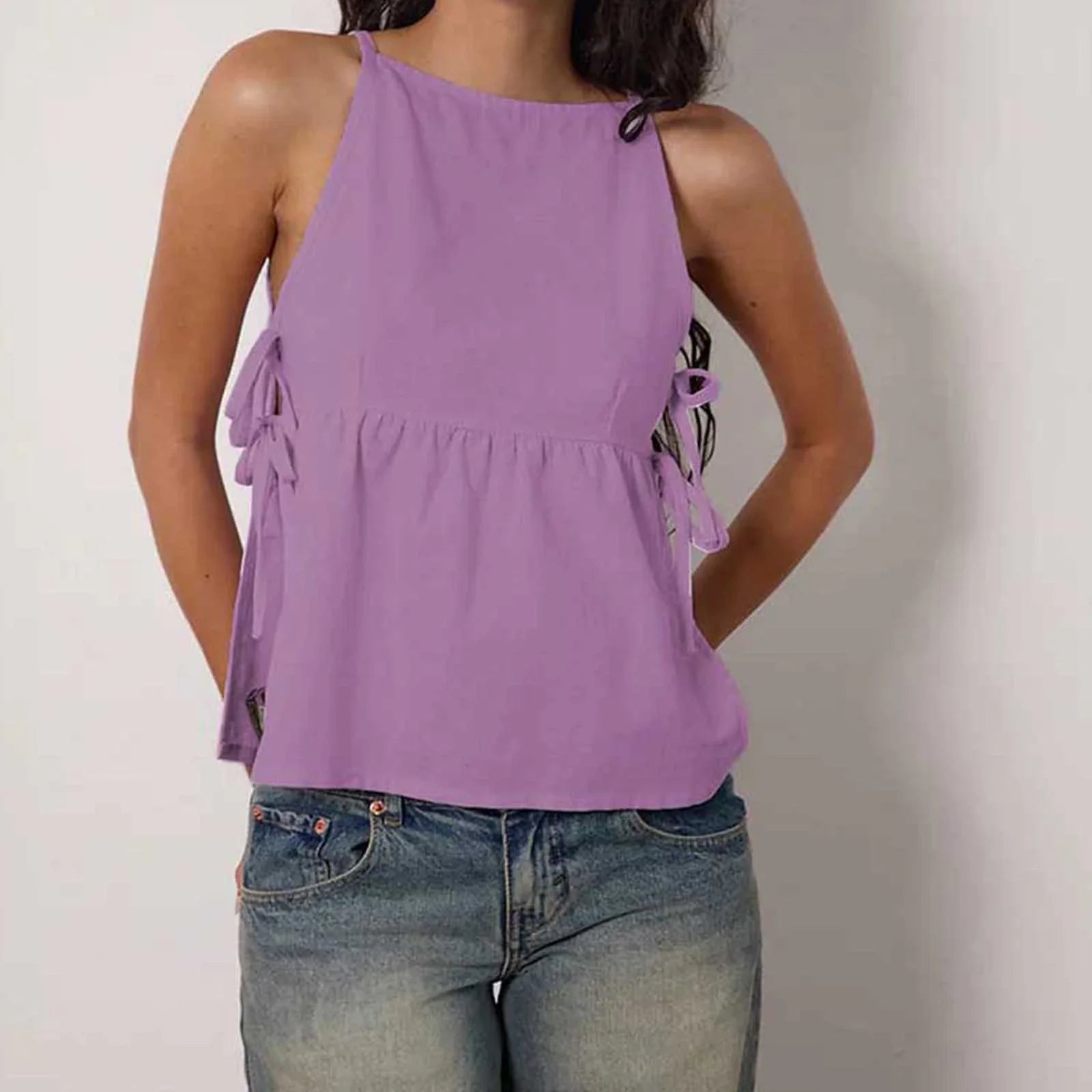 Cut Out Side Tie Up Vest Casual Loose Sleeveless Crop Top