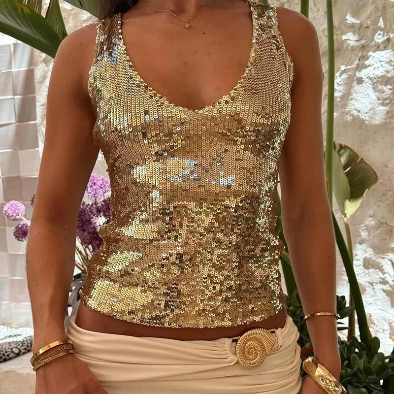 Sequin Sparkle V Neck Tank Tops