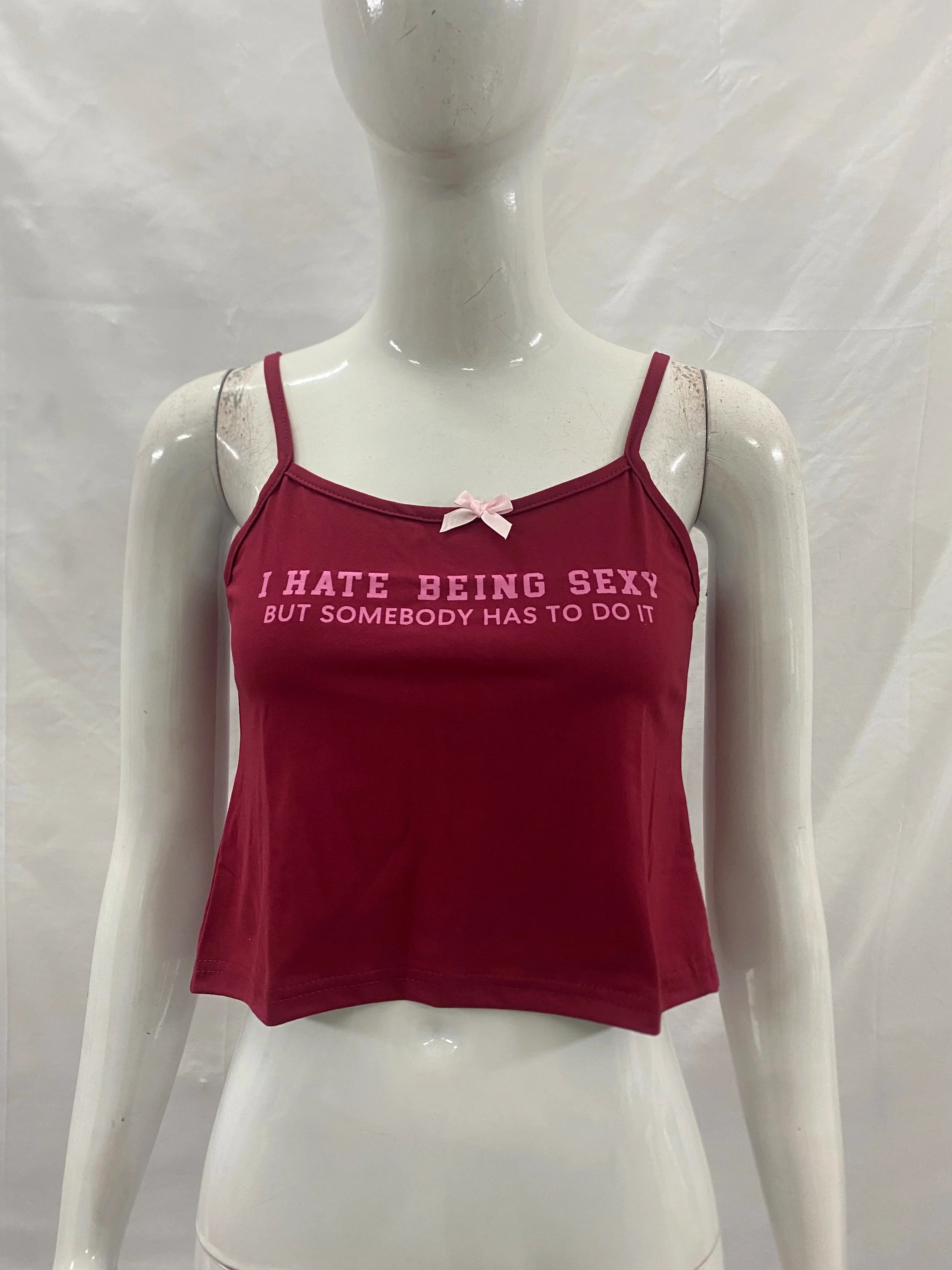 Spaghetti Strap Square Neck Cropped Camisole Front Bow Letter Print Slim Y2K Vest