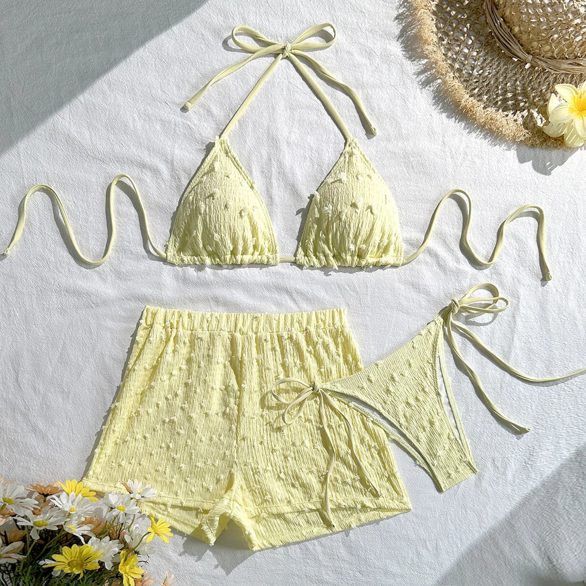 Sky Blue High Waist Panties 3 Piece Bikini Set