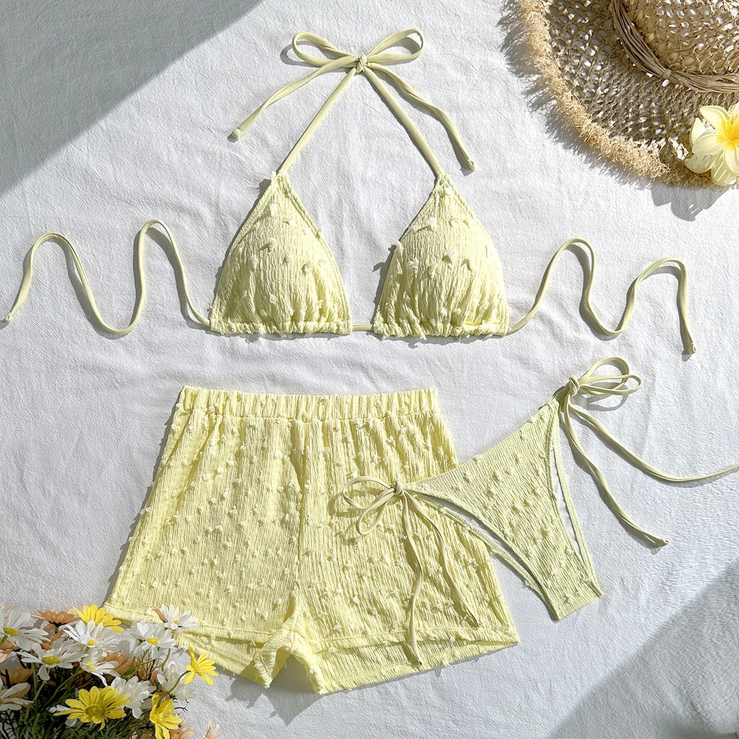 Sky Blue High Waist Panties 3 Piece Bikini Set