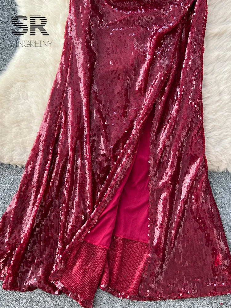 Sequined Strapless Slit Dress