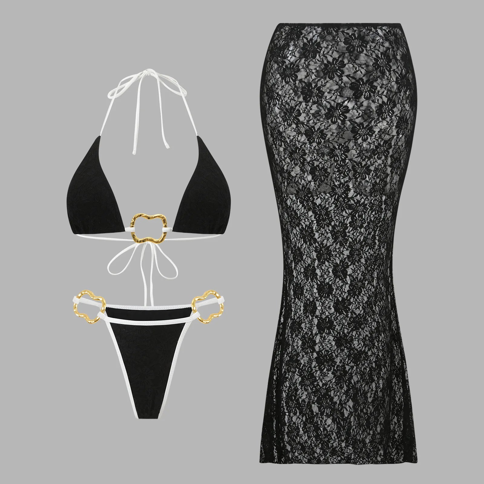 Sexy Lace Long Skirt 3 Piece Swimsuit