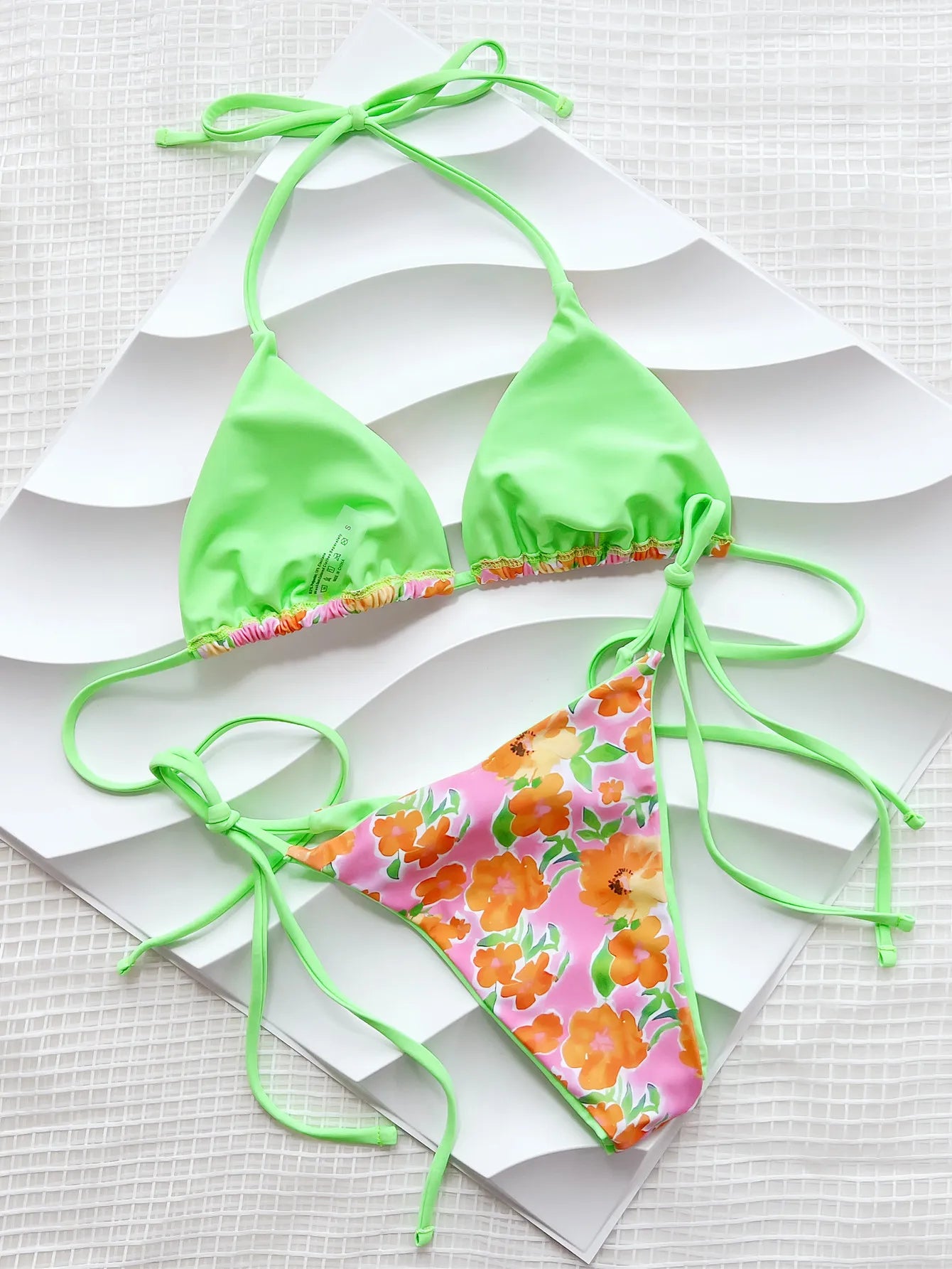 Sexy Neon Green Floral Print Patchwork Bikini