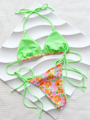 Sexy Neon Green Floral Print Patchwork Bikini